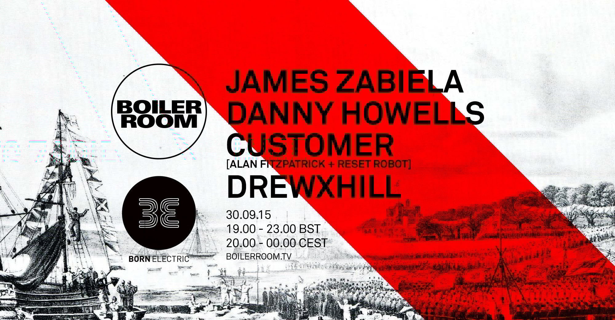 Born Electric: James Zabiela, Danny Howells, Customer (Alan Fitzpatrick & Reset Robot), DrewxHill flyer