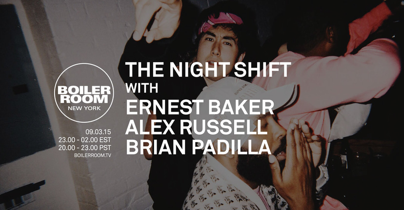 Flyer for event The Night Shift with Ernest Baker, Brian Padilla and Alex Russell.