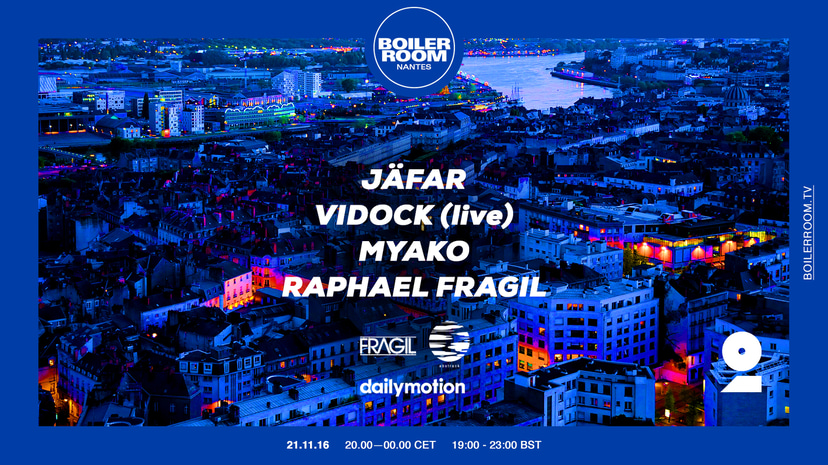 Flyer for event Boiler Room Nantes : Jäfar, Vidock, Myako, Raphael Fragil.
